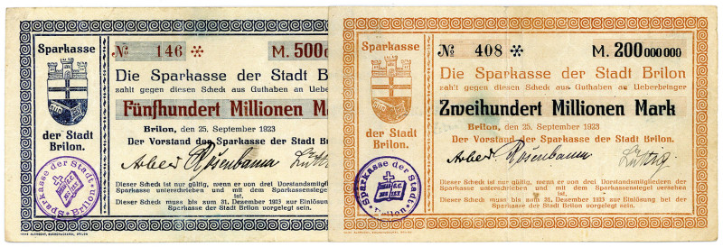 WESTFALEN, Brilon, Sparkasse. 200 Millionen, 500 Millionen Mark 25.09.1923. 2 Sc...