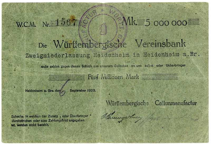 WÜRTTEMBERG, Heidenheim, Württembergische Cattunmanufactur. 5 Millionen Mark 06....