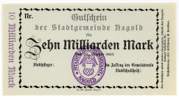 WÜRTTEMBERG, Nagold, Stadtgemeinde. 10 Milliarden Mark 24.10.1923, ohne KN, ohne Uschr..
I
Ke.3714