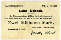 WÜRTTEMBERG, Schussenried, Staatliche Württembergische Torfverwaltung. 2 Millionen Mark 21.08.1923. Lohnscheck.
III
Ke.5060b