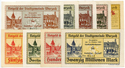 WÜRTTEMBERG, Wurzach, Stadtgemeinde. 20, 50, 100, 200, 500 Millionen, 1, 5, 10 Milliarden, 1 Billionen Mark 1923. Erh. I-II, 9 Scheine..
I-II
Ke.574...