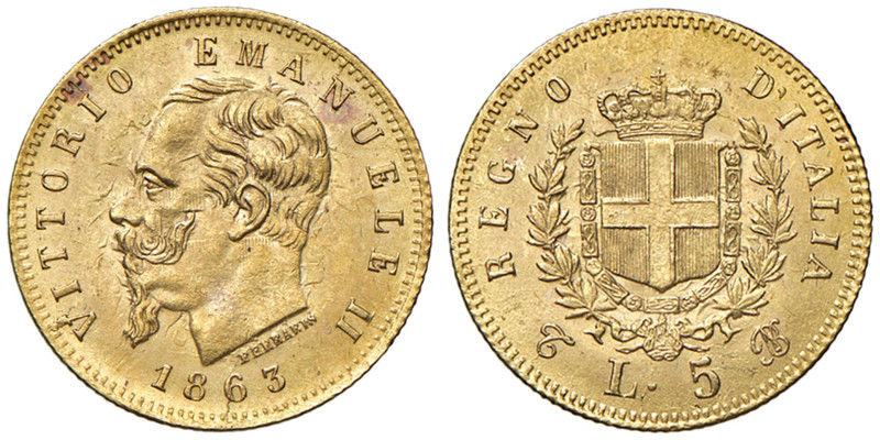 Vittorio Emanuele II (1861-1878) 5 Lire 1863 - Nomisma 875 AU Tracce di ribattit...