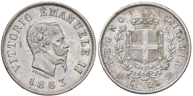 Vittorio Emanuele II (1861-1878) 50 Centesimi 1863 M - Nomisma 923 AG R Segni di...