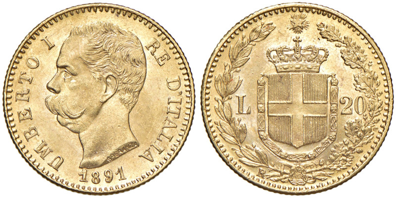 Umberto I (1878-1900) 20 Lire 1891 - Nomisma 989 AU 
qFDC/FDC