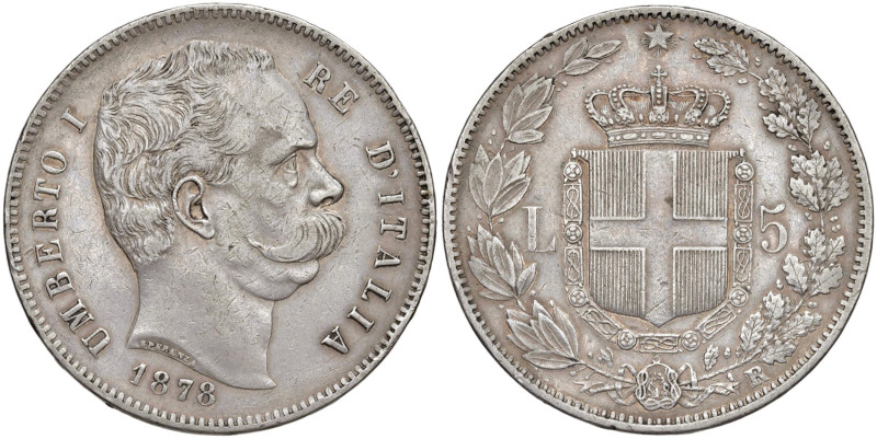 Umberto I (1878-1900) 5 Lire 1878 - Nomisma 992 AG RR Minimi colpetti al bordo. ...