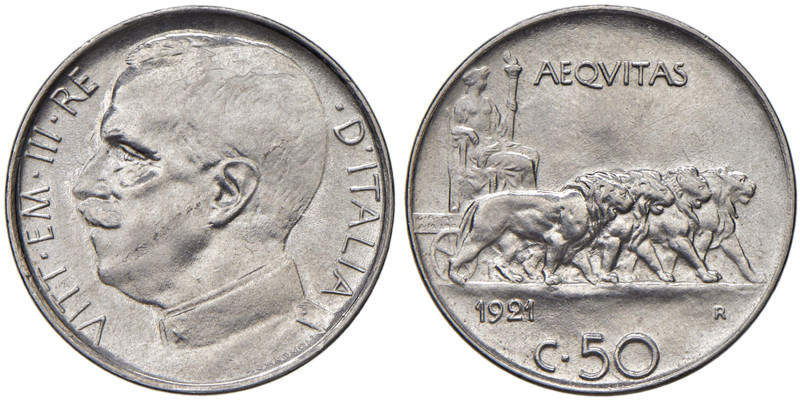 Vittorio Emanuele III (1900-1946) 50 Centesimi 1921 contorno liscio - Nomisma 12...