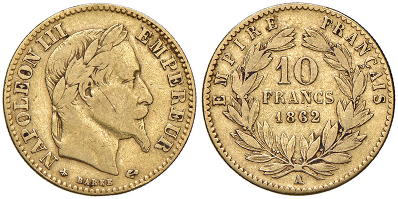 FRANCIA Napoleone III (1852-1870) 10 Franchi 1862 A - Gadoury 1015 AU (g 3,19) ...