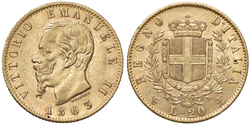 Vittorio Emanuele II (1861-1878) 20 Lire 1863 Torino - Nomisma 850 AU 
qSPL