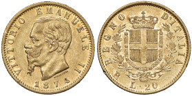 Vittorio Emanuele II (1861-1878) 20 Lire 1874 Roma - Nomisma 864 AU R Colpetti al bordo. Minor edge nicks. 
qSPL/SPL