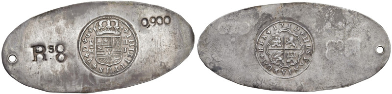 SPAGNA Filippo V (1700-1746) 2 Reales 1719 battuti su lingotto da 8 Reales - Cal...