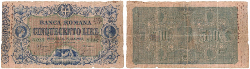 Banca Romana 500 Lire 0997 del 1890 Gig. BR 10C RRRRR Alcune macchie nel bordo s...