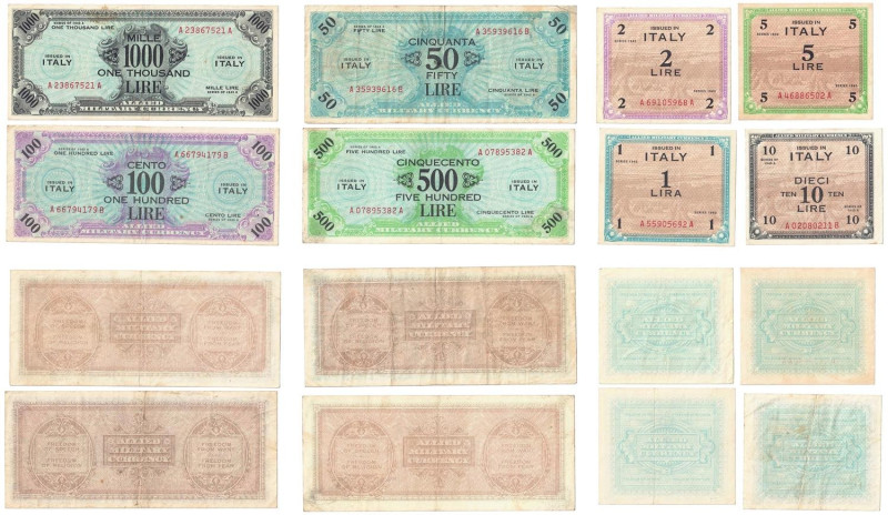 AM Lire - serie di 8 biglietti da 1, 2 e 5 Lire Monolingua F.L.C. (BB+) + 10 Lir...