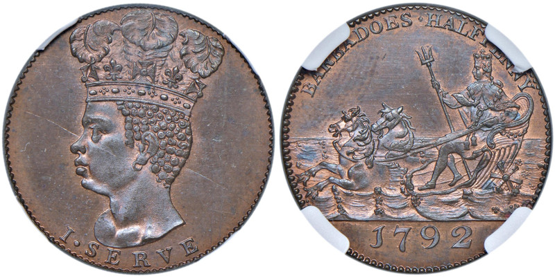 BARBADOS George III (1760‑1820) 1/2 Penny Restrike 1792 M - KM Tn9 AU In slab NG...