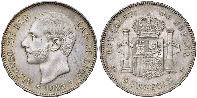 SPAGNA Alfonso XII (1874-1885) 5 Pesetas 1885 (18-87) MS M - KM 688 AG (g 25,05)...