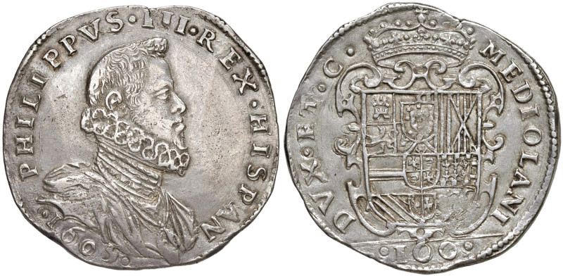 MILANO Filippo III d'Asburgo (1598-1621) Denaro da 100 Soldi 1605 - MIR 343/2 AG...