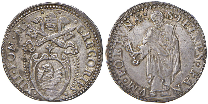 Gregorio XIII (1572-1585) Fano - Testone - Munt. 378 II AG (g 9,61) RR Magnifica...