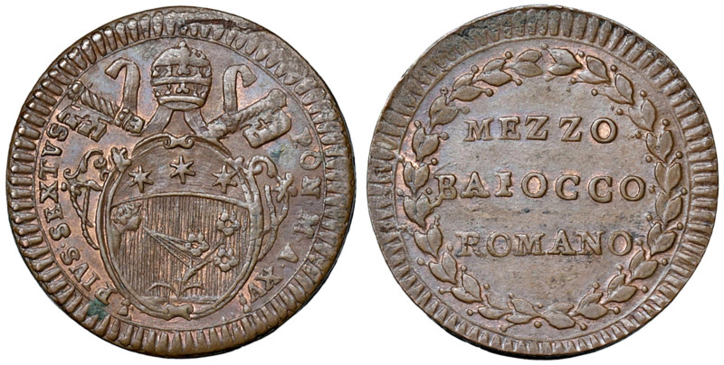 Pio VI (1775-1799) 1/2 Baiocco An. XV - Munt. 139 CU (g 6,00) 
M.di SPL