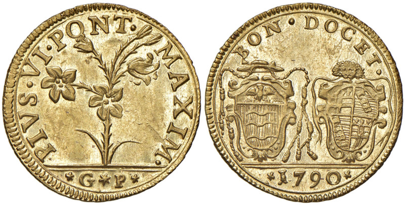 Pio VI (1775-1799) Bologna - Doppia 1790 - Munt. 182a AU (g 5,48) RRR Moneta mol...