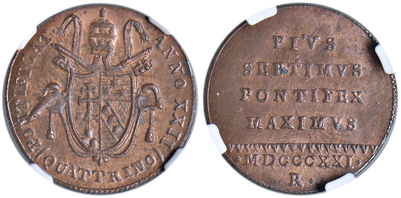 Pio VII (1800-1823) Quattrino 1821 An. XXIII - Nomisma 302 CU TOP POP, miglior e...