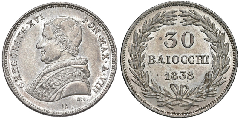 Gregorio XVI (1831-1846) 30 Baiocchi 1838 An. VIII - Nomisma 443 AG (g 8,05) 
q...