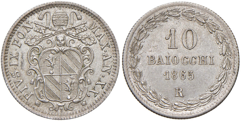 Pio IX (1846-1878) 10 Baiocchi 1865 An. XX - Nomisma 727 AG (g 2,66) NC Minimi h...