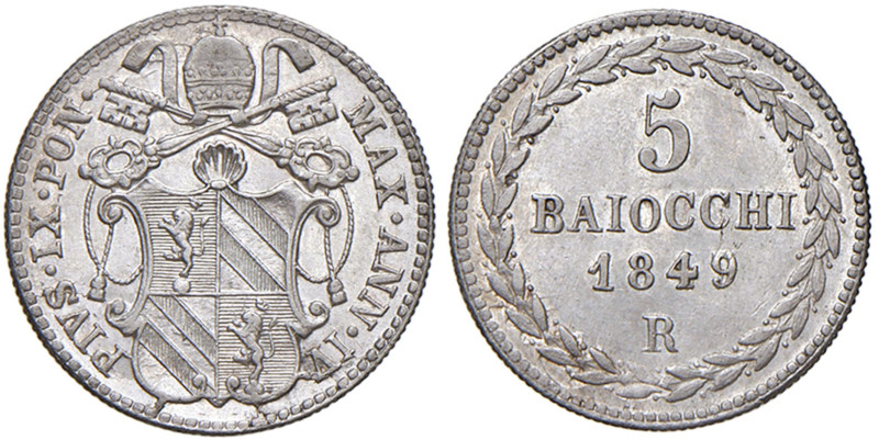 Pio IX (1846-1878) 5 Baiocchi 1849 An. IV - Nomisma 731 AG (g 1,35) R Minimi hai...