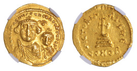 Byzantine Empire, Heraclius+Her.Constantine, AV Solidus

Graded Ch XF Strike: 5/5 Surface: 3/5 by NGC. 

rv cross potent on steps