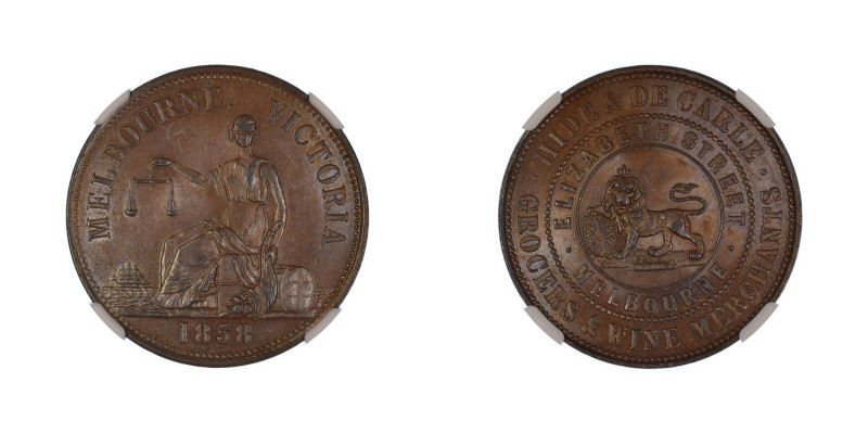Australia 1858, 1 Penny Token, Hide & De Carle Melbourne. KM- Tn 104. Graded MS ...