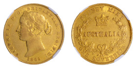 Australia 1865, Sovereign.

Graded AU 58 by NGC. Only 10 coins graded higher by NGC.

.2345 oz.

KM-4