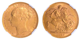 Australia 1887M, Sovereign, Young Head & St. George.

Graded MS 62 by NGC. Only 15 coins graded higher at NGC.

.2354 oz.

KM-7