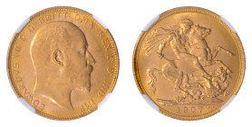 Australia 1907M, Sovereign.

Graded MS 64 by NGC. Only 1 coin graded higher by NGC.

.2354 oz.

KM-15
