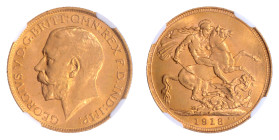 Australia 1918S, Soveregin.

Graded MS 65 by NGC. Only 5 coins graded higher by NGC.

.2354 oz.

KM-29