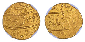 India Mughal Empire AH1105//38, 1 MOHUR, Aurangzeb Haiderabad.

Graded AU 53 by NGC. Highest graded coin at NGC. Lustrous yellow/gold colour and semi-...