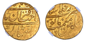 India Mughal Empire AH1146//16, 1 MOHUR, Muhammad Shah Shahjahanabad.

Graded AU 58 by NGC. Only 1 coin graded higher by NGC. Lustrous yellow/gold sur...