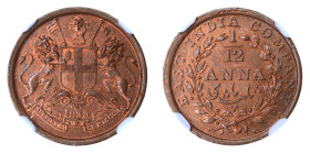 British India 1835(M) , 1/12 Anna.

Graded MS 65 RB by NGC. Only 2 coins graded higher by NGC. Fully struck and lustrous.

KM-445