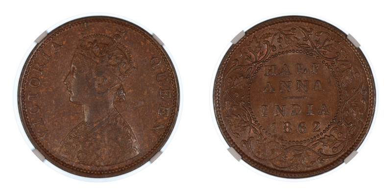 India, British 1862(B), 1/2A. Graded AU 55 Brown by NGC. KM 468