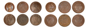 British India (1874-1901), 6 coin lot.

(1) 1/2 Pice 1901, Brown AU grade. KM-484

(5) 1/4 Anna, 1874, Brown AU grade. KM-467

 1/4 Anna, 1890, Brown ...