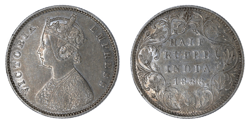 British India 1888 B, 1/2 Rupee. Raised mintmark. EF condition.



KM-450.3