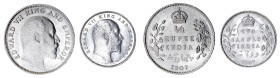 British India 1907 (c), 2 coin lot. White/silvery lustre. BU condition

 2 Annas. KM-505

 1/4 Rupee. KM-506