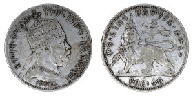 Ethiopia EE 1889 A (1877), 1/4 Birr. Small mint error on the edge. VF condition.

KM-14
