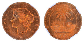 Liberia 1896 H, 1 Cent.

Graded MS 65 RD by NGC. Choice brilliant and creamy red surfaces.

KM-5