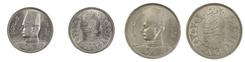 Egypt AH1356//1937, 10 Piastres, 20 Piastres, 2 coin lot. Graded MS 62 by NGC. K...