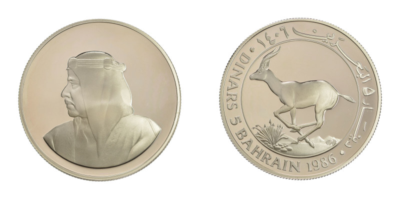 Bahrain 1986, 5 Dinars , in Gem Proof condition. KM 13