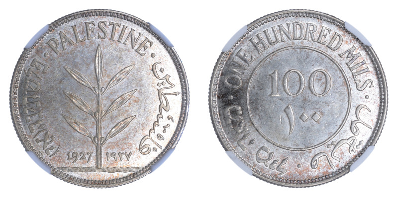 Palestine 1927, 100 Mils.

Graded MS 63 by NGC. Lightly toned and lustrous.

KM-...