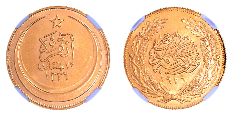 Turkey AH1336/1929, 100 Kurush.

Graded MS 63 by NGC. Nice BU, smooth and reflec...