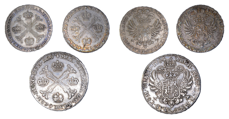 Austrian Netherlands , 3 coin lot from 1764-66, 1/2 Thalers & Kronenthaler, in V...