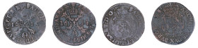 Spanish Netherlands, 2 coin lot, 1/2 Liard 1615 and 1654. Both in fine condition.

1/2 Liard, 1615, Anvers, Fine condition. Km/32.1

1/2 Liard, 1654 B...