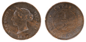Cyprus 1887, 1/2 Piastre. Small planchet error on the 7. AEF condition



KM-2