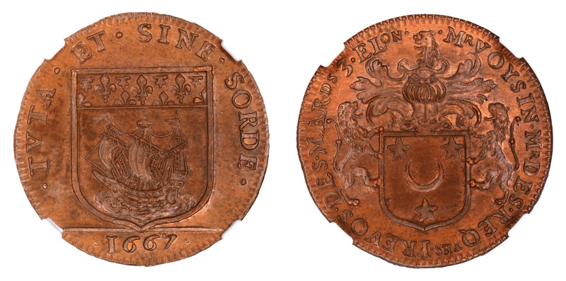 France 1667, DATED JETON Copper.

Graded MS 65 RB by NGC. Highest graded coin at...