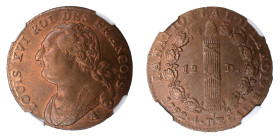 France 1792A, 12 D

Graded MS 64 by NGC. Well struck with strong details, lustre shows through.

KM-600.1